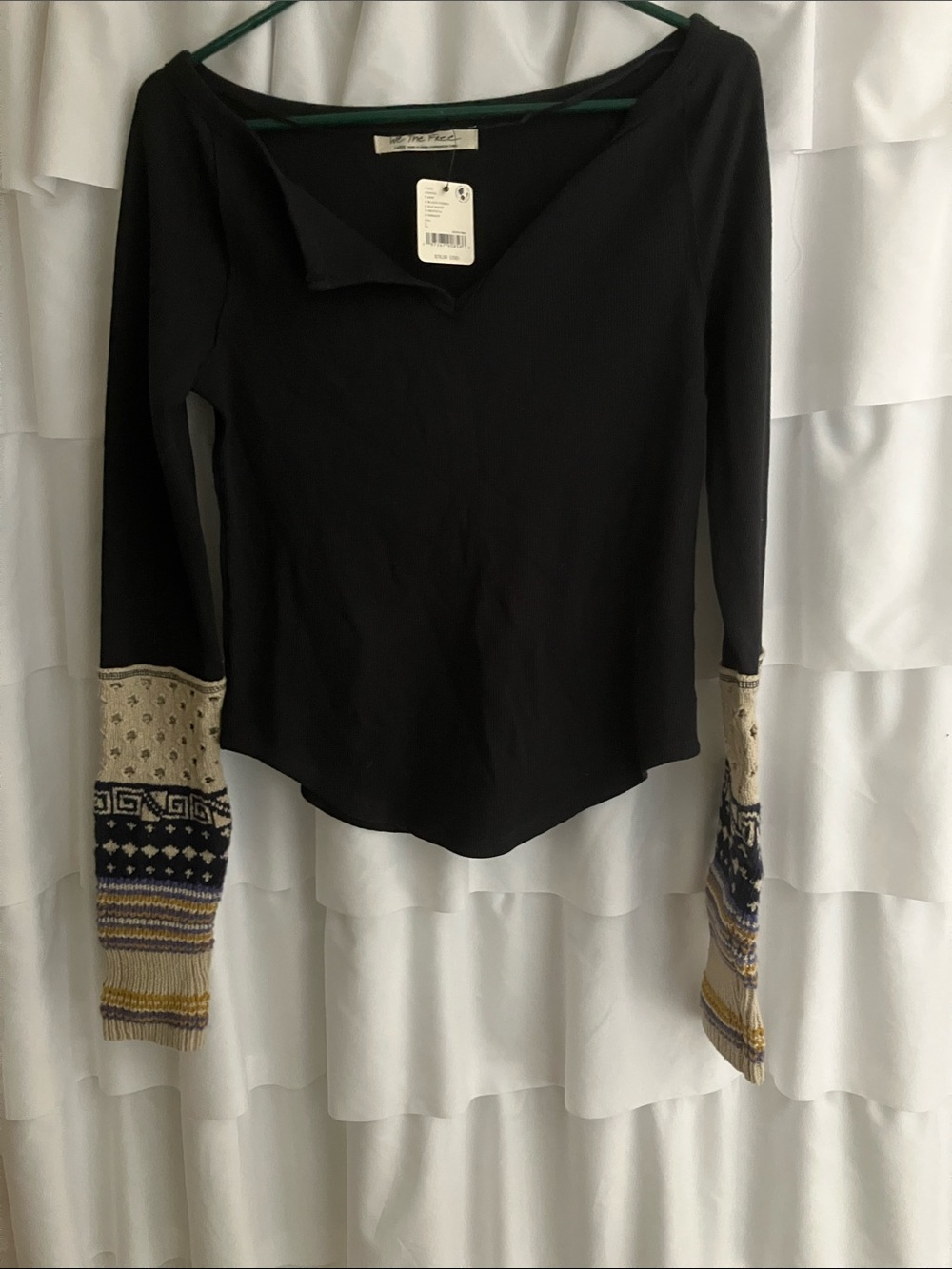 Women's Black Top with Multi-Pattern Knit Sleeves - Picture 3 of 3